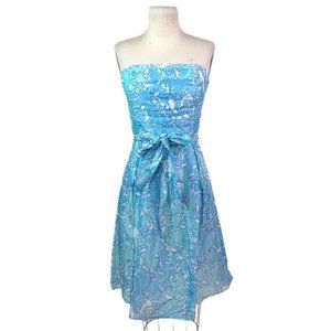 Lilly Pulitzer Blue & White Cotton Silk Floral Print Strapless Dress Belted Sz 6